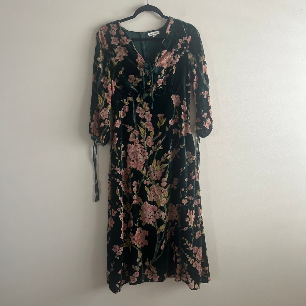 Saint Geraldine Green Velvet Floral Midi Dress Blossom Print Size S